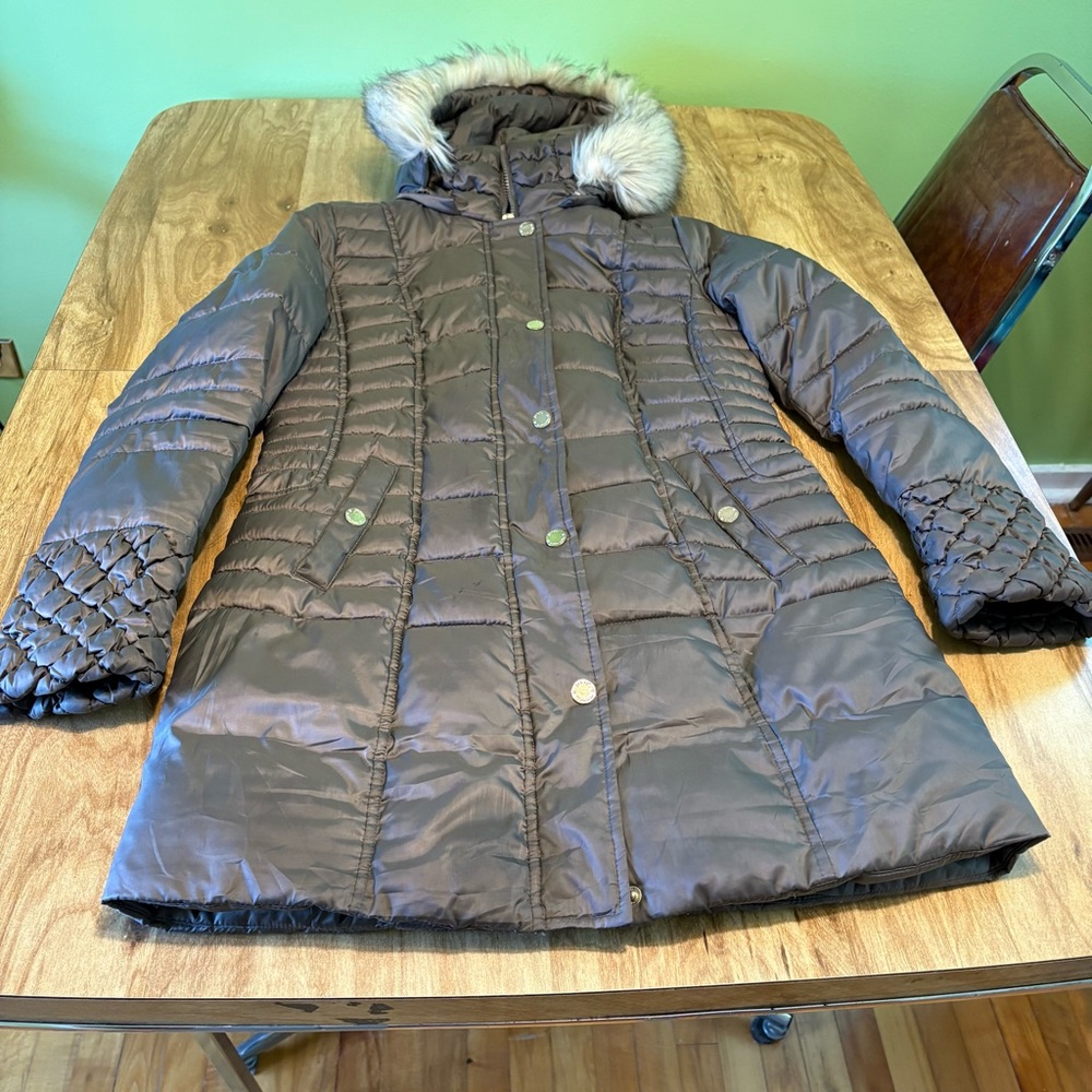 Betsey Johnson Faux Fur Trim Quilted Brown Puffer Jacket Womens Size Medium
